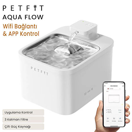 Petfit Aqua Flow 4L Çelik Hazne Wi-Fi Bataryalı Akıllı Otomatik Kedi Köpek Su Pınarı Su Çeşmesi Su Şelalesi (Ultra Sessiz+UV Filtre+Akıllı Sensör)