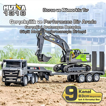 HUINA 1318 1/24 RC Dorse ve Römorklu Tır Kamyon Uzaktan Kumandalı İş Makinesi RC Model - 2.4Ghz Gerçekçi Similasyon Ses ve Işık Sistemi