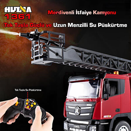 HUINA 1361 1/18 15CH RC Model Uzaktan Kumandalı Merdivenli Yangın Söndürme İtfaiye Kamyonu İş Makinesi -Su Püskürtme Fonksiyonlu-2.4G Gerçekçi Similasyon Ses ve Işık Sistemi