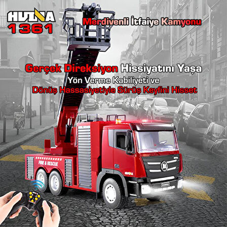 HUINA 1361 1/18 15CH RC Model Uzaktan Kumandalı Merdivenli Yangın Söndürme İtfaiye Kamyonu İş Makinesi -Su Püskürtme Fonksiyonlu-2.4G Gerçekçi Similasyon Ses ve Işık Sistemi