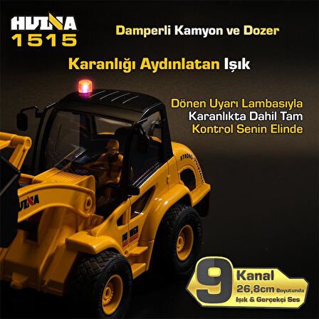 HUINA 1515 1/24 9CH RC Damperli Kamyon & Wheel Loader Dozer Kazıcı Set İş Makinesi İnşaat Uzaktan Kumandalı RC Model Metal Kepçeli - 2.4G Gerçekçi Similasyon Ses ve Işık Sistemi