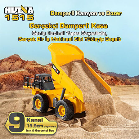 HUINA 1515 1/24 9CH RC Damperli Kamyon & Wheel Loader Dozer Kazıcı Set İş Makinesi İnşaat Uzaktan Kumandalı RC Model Metal Kepçeli - 2.4G Gerçekçi Similasyon Ses ve Işık Sistemi