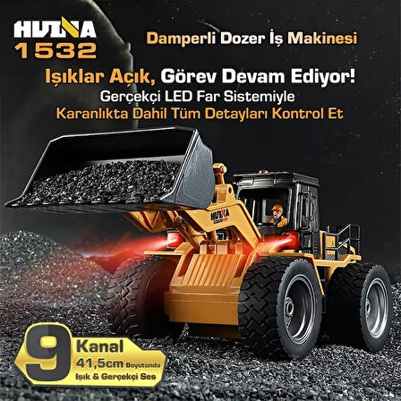 HUINA 1532 1/18 9CH RC Wheel Loader Damper Dozer Kamyon İş Makinesi Kazıcı Uzaktan Kumandalı RC Model -2.4G Gerçekçi Similasyon Ses ve Işık Sistemi