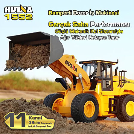 HUINA 1552 1/16 11CH RC Wheel Loader Damper Dozer Kamyon İş Makinesi Kazıcı Uzaktan Kumandalı RC Model Metal Kepçeli -2.4G Gerçekçi Similasyon Ses ve Işık Sistemi