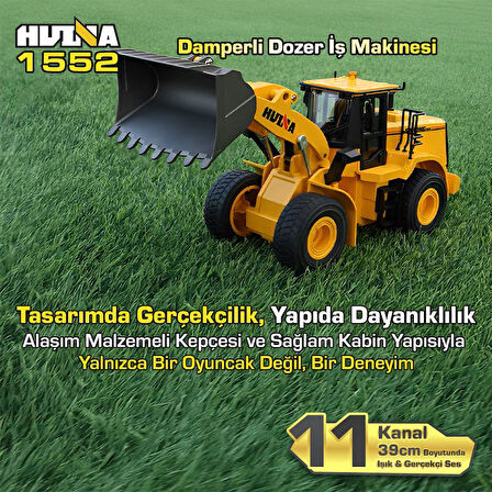 HUINA 1552 1/16 11CH RC Wheel Loader Damper Dozer Kamyon İş Makinesi Kazıcı Uzaktan Kumandalı RC Model Metal Kepçeli -2.4G Gerçekçi Similasyon Ses ve Işık Sistemi
