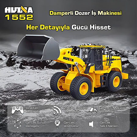 HUINA 1552 1/16 11CH RC Wheel Loader Damper Dozer Kamyon İş Makinesi Kazıcı Uzaktan Kumandalı RC Model Metal Kepçeli -2.4G Gerçekçi Similasyon Ses ve Işık Sistemi