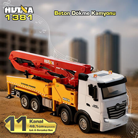 HUINA 1381 1/18 11CH Beton Çimento Dökme Kamyonu İş Makinesi İnşaat Uzaktan Kumandalı RC Model Sarı - 2.4Ghz Gerçekçi Similasyon Ses ve Işık Sistemi