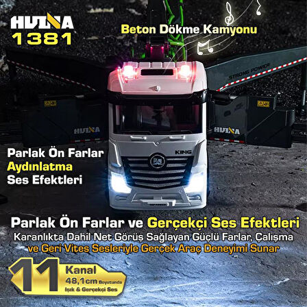 HUINA 1381 1/18 11CH Beton Çimento Dökme Kamyonu İş Makinesi İnşaat Uzaktan Kumandalı RC Model Sarı - 2.4Ghz Gerçekçi Similasyon Ses ve Işık Sistemi