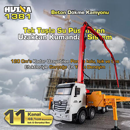 HUINA 1381 1/18 11CH Beton Çimento Dökme Kamyonu İş Makinesi İnşaat Uzaktan Kumandalı RC Model Sarı - 2.4Ghz Gerçekçi Similasyon Ses ve Işık Sistemi