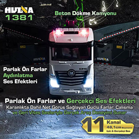 HUINA 1381 1/18 11CH Beton Çimento Dökme Kamyonu İş Makinesi İnşaat Uzaktan Kumandalı RC Model Gri -2.4Ghz Gerçekçi Similasyon Ses ve Işık Sistemi