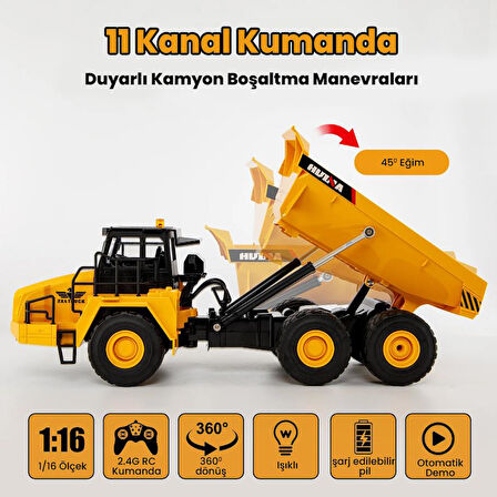 HUINA 1553 1/24 Yüksek Kalite 11CH RC Model Damperli Kamyon Uzaktan Kumandalı Çok Fonksiyonlu İş Makinesi -2.4G Sesli&Işıklı