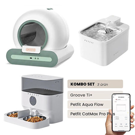 Groove Ti+ Akıllı Otomatik Kedi Tuvaleti Yeşil - Petfit Aqua Flow Akıllı Bataryalı Su Pınarı Çeşmesi + Petfit CatMax Pro Plus Akıllı Otomatik Mama Kabı Bundle