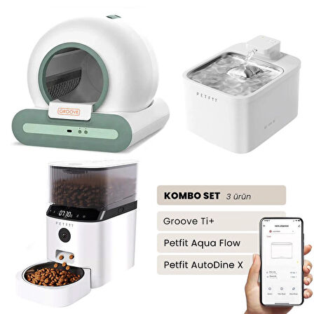 Groove Ti+ Akıllı Otomatik Kedi Tuvaleti Yeşil - Petfit Aqua Flow Akıllı Bataryalı Su Pınarı Çeşmesi + Petfit AutoDine X Akıllı Otomatik Mama Kabı Bundle