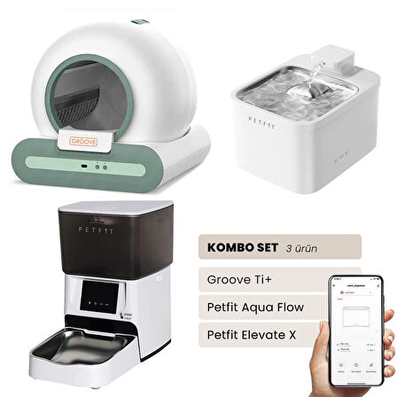 Groove Ti+ Akıllı Otomatik Kedi Tuvaleti Yeşil - Petfit Aqua Flow Akıllı Bataryalı Su Pınarı Çeşmesi + Petfit Elevate X Akıllı Otomatik Mama Kabı Bundle