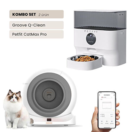 Groove Q-Clean Wi-Fi Akıllı Kedi Tuvaleti Gri + Petfit CatMax Pro 5L Wi-Fi Kameralı Akıllı Otomatik Mama Kabı Besleme Ünitesi Bundle