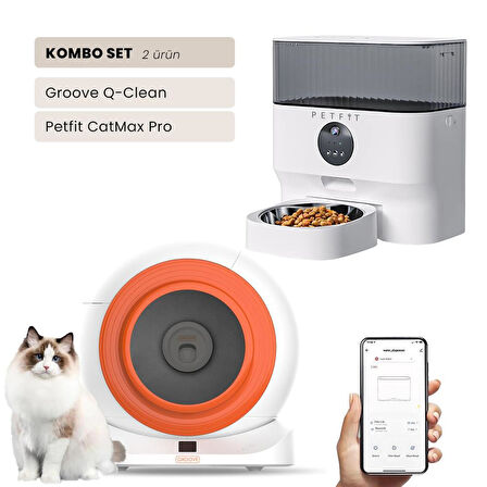 Groove Q-Clean Wi-Fi Akıllı Otomatik Kedi Tuvaleti Turuncu + Petfit CatMax Pro 5L Wi-Fi Kameralı Akıllı Otomatik Mama Kabı Besleme Ünitesi Bundle