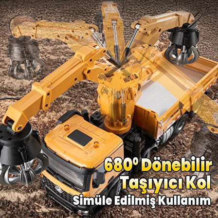 HUINA 1538 1/14 26CH 8x4 Damperli Kamyon RC Kumandalı İş Makinesi 3 Farklı Tutma Kollu Kepçeli RC Model Kereste Kamyonu - 2.4G Full Fonksiyon Sesli&Işıklı