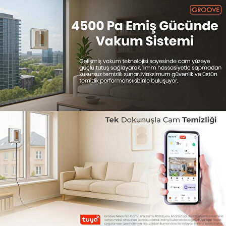 Groove Nexis Pro Akıllı Uygulama Kontrollü Cam Temizleme Silme Robotu +Yapay Zeka Desteği+Ultra Sessiz+Akıllı Sensör+4 Ultrasonik Sprey