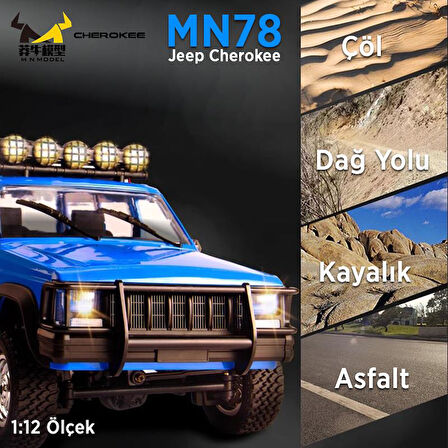 MN Model MN78 1/12 Jeep Cherokee 4x4 RC Model Crawler Offroad Truck Uzaktan Kumandalı Araba RTR Mavi+Dahili Işık Seti