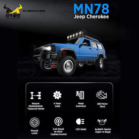 MN Model MN78 1/12 Jeep Cherokee 4x4 RC Model Crawler Offroad Truck Uzaktan Kumandalı Araba RTR Mavi+Dahili Işık Seti