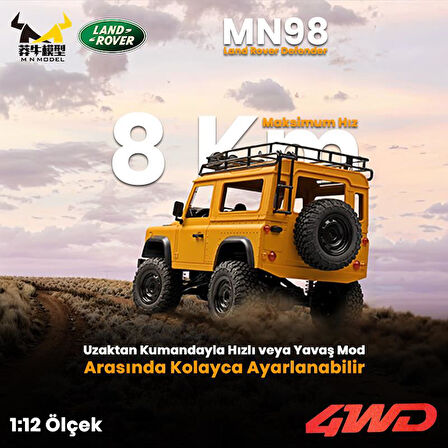 MN Model MN98 V2 1/12 Land Rover Defender D90 4WD RC Model Crawler Offroad Uzaktan Kumandalı Araba Truck RTR Lisanslı Sarı+Dahili Işık Seti