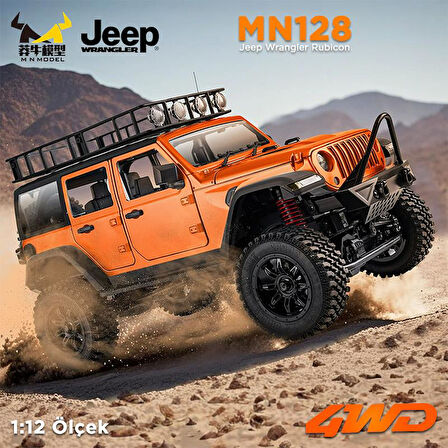 MN Model MN128 1/12 Jeep Wrangler Rubicon 4WD RC Model Crawler Offroad Truck Uzaktan Kumandalı Araba RTR Turuncu+Dahili Işık Seti MN-128