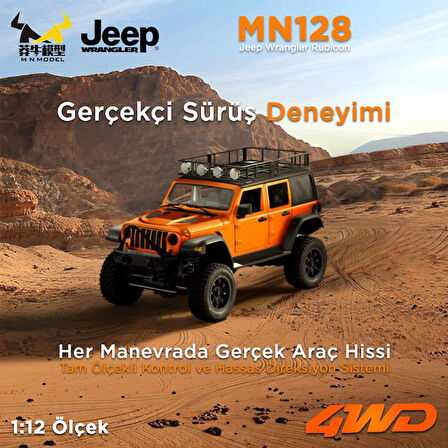 MN Model MN128 1/12 Jeep Wrangler Rubicon 4WD RC Model Crawler Offroad Truck Uzaktan Kumandalı Araba RTR Turuncu+Dahili Işık Seti MN-128