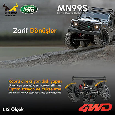 MN Model MN99S V2 1/12 Land Rover Defender 4WD RC Model Crawler Offroad Uzaktan Kumandalı Araba Truck RTR Lisanslı Gümüş+Dahili Işık Seti MN-99S V2