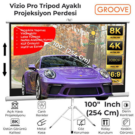Groove Vizio Pro 100¨Inch 220x125cm Blackout Işık Geçirmez Tripod Ayaklı Projeksiyon Perdesi +Taşınabilir+Canlı Renkler+Göz Koruması+Leke Tutmaz Projector