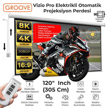 Groove Vizio Pro 120¨ Inch Blackout Işık Geçirmez Elektrikli Otomatik Kumandalı Projeksiyon Perdesi 265x150cm +Motorlu+Canlı Renkler+Göz Koruması+Leke Tutmaz Projector