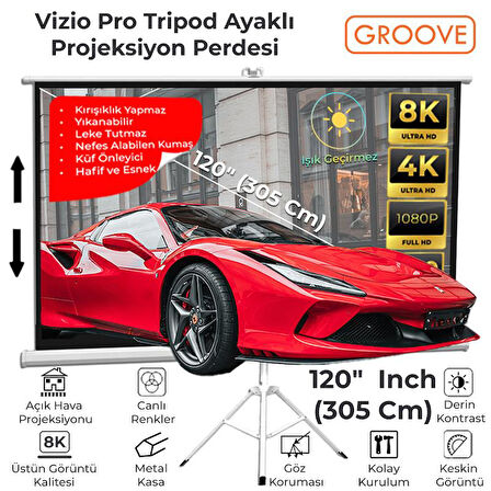 Groove Vizio Pro 120¨Inch 265x150cm Blackout Işık Geçirmez Tripod Ayaklı Projeksiyon Perdesi +Taşınabilir+Canlı Renkler+Göz Koruması+Leke Tutmaz Projector