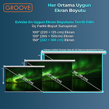 Groove Vizio Pro 150¨ Inch Blackout Işık Geçirmez Elektrikli Otomatik Kumandalı Projeksiyon Perdesi 332x188cm +Motorlu+Canlı Renkler+Göz Koruması+Leke Tutmaz Projector