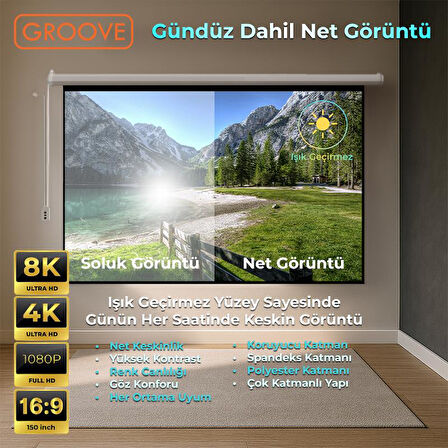 Groove Vizio Pro 150¨ Inch Blackout Işık Geçirmez Elektrikli Otomatik Kumandalı Projeksiyon Perdesi 332x188cm +Motorlu+Canlı Renkler+Göz Koruması+Leke Tutmaz Projector