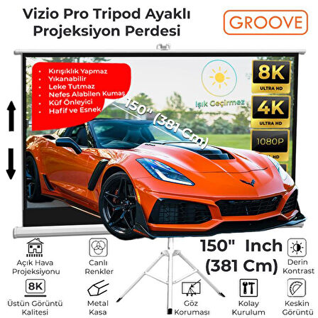 Groove Vizio Pro 150¨Inch 332x188cm Blackout Işık Geçirmez Tripod Ayaklı Projeksiyon Perdesi +Taşınabilir+Canlı Renkler+Göz Koruması+Leke Tutmaz Projector