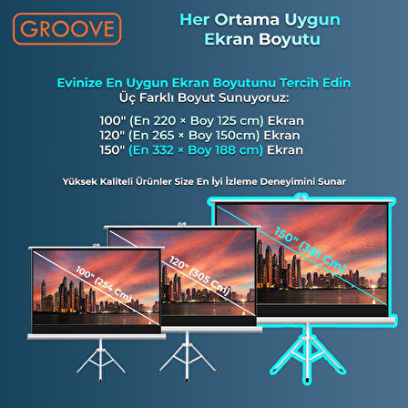 Groove Vizio Pro 150¨Inch 332x188cm Blackout Işık Geçirmez Tripod Ayaklı Projeksiyon Perdesi +Taşınabilir+Canlı Renkler+Göz Koruması+Leke Tutmaz Projector