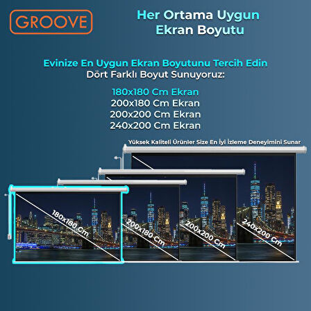 Groove Vizio Pro 180x180cm Blackout Işık Geçirmez Elektrikli Otomatik Kumandalı Projeksiyon Perdesi +Motorlu+Canlı Renkler+Göz Koruması+Leke Tutmaz Projector