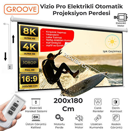 Groove Vizio Pro 200x180cm Blackout Işık Geçirmez Elektrikli Otomatik Kumandalı Projeksiyon Perdesi +Motorlu+Canlı Renkler+Göz Koruması+Leke Tutmaz Projector