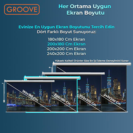 Groove Vizio Pro 200x180cm Blackout Işık Geçirmez Elektrikli Otomatik Kumandalı Projeksiyon Perdesi +Motorlu+Canlı Renkler+Göz Koruması+Leke Tutmaz Projector