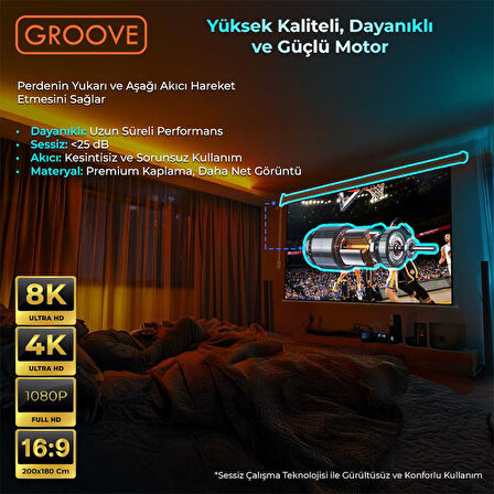 Groove Vizio Pro 200x180cm Blackout Işık Geçirmez Elektrikli Otomatik Kumandalı Projeksiyon Perdesi +Motorlu+Canlı Renkler+Göz Koruması+Leke Tutmaz Projector