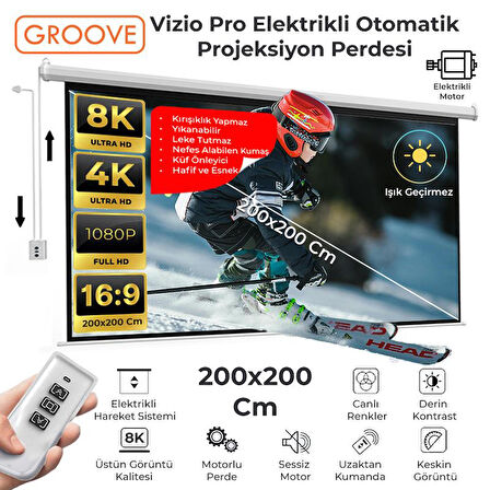 Groove Vizio Pro 200x200cm Blackout Işık Geçirmez Elektrikli Otomatik Kumandalı Projeksiyon Perdesi +Motorlu+Canlı Renkler+Göz Koruması+Leke Tutmaz Projector