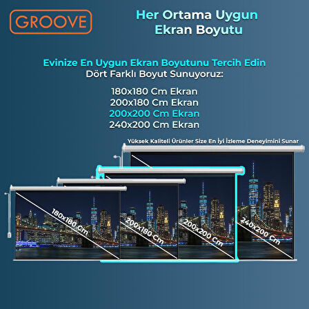 Groove Vizio Pro 200x200cm Blackout Işık Geçirmez Elektrikli Otomatik Kumandalı Projeksiyon Perdesi +Motorlu+Canlı Renkler+Göz Koruması+Leke Tutmaz Projector