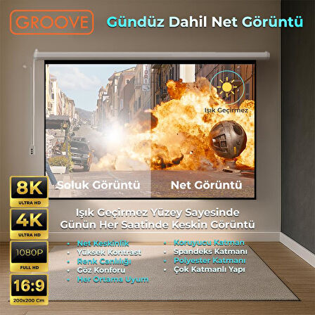 Groove Vizio Pro 200x200cm Blackout Işık Geçirmez Elektrikli Otomatik Kumandalı Projeksiyon Perdesi +Motorlu+Canlı Renkler+Göz Koruması+Leke Tutmaz Projector