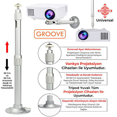 Vankyo Groove 30-60CM Alüminyum Projeksiyon Cihazı Tavan Askı Aparatı Duvar Bağlantı Aparatı Universal Projector Beyaz (360° Dönebilen Tripod Yuvalı)