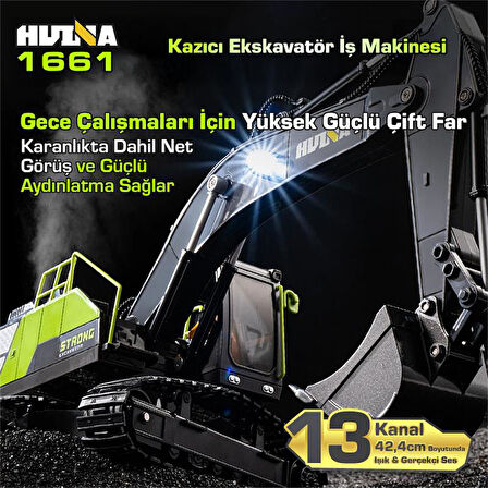 HUINA 1661 1/18 13CH Kazıcı Ekskavatör İş Makinesi İnşaat Uzaktan Kumandalı RC Model Metal Kepçeli - 2.4Ghz Gerçekçi Similasyon Ses ve Işık Sistemi