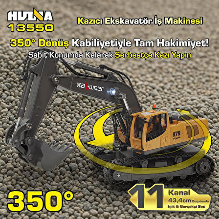 HUINA Kaliwo 13550 1/18 11CH Kazıcı Ekskavatör İş Makinesi İnşaat Uzaktan Kumandalı RC Model Metal Kepçeli Sarı - 2.4Ghz Gerçekçi Similasyon Ses ve Işık Sistemi