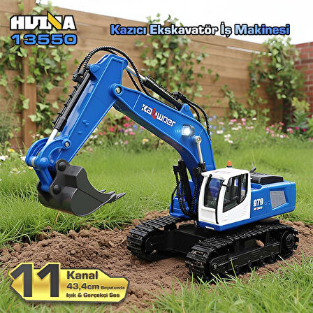 HUINA Kaliwo 13550 1/18 11CH Kazıcı Ekskavatör İş Makinesi İnşaat Uzaktan Kumandalı RC Model Metal Kepçeli Mavi - 2.4Ghz Gerçekçi Similasyon Ses ve Işık Sistemi