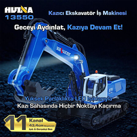 HUINA Kaliwo 13550 1/18 11CH Kazıcı Ekskavatör İş Makinesi İnşaat Uzaktan Kumandalı RC Model Metal Kepçeli Mavi - 2.4Ghz Gerçekçi Similasyon Ses ve Işık Sistemi