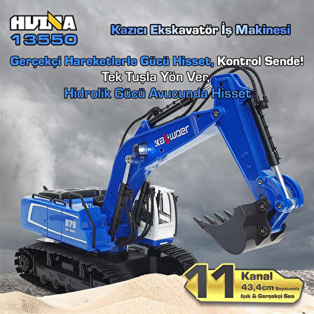 HUINA Kaliwo 13550 1/18 11CH Kazıcı Ekskavatör İş Makinesi İnşaat Uzaktan Kumandalı RC Model Metal Kepçeli Mavi - 2.4Ghz Gerçekçi Similasyon Ses ve Işık Sistemi