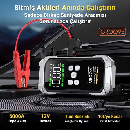 GROOVE F04 21800mAh 6000A Akü Takviye Cihazı+Lastik Şişirme Pompası Kompresörlü Jump Starter (Çanta+Powerbank+Led Lamba+LCD Ekran)