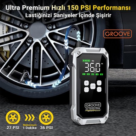 GROOVE F04 21800mAh 6000A Akü Takviye Cihazı+Lastik Şişirme Pompası Kompresörlü Jump Starter (Çanta+Powerbank+Led Lamba+LCD Ekran)